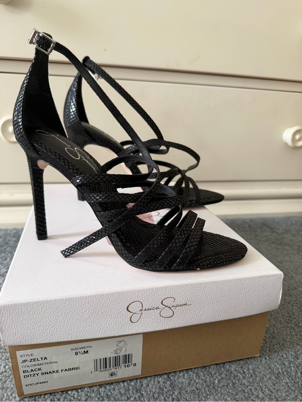 Jessica Simpson Black Snake-Embossed Strappy High Heel Sandals